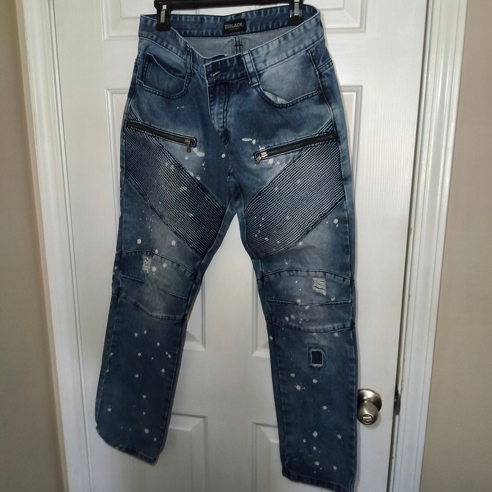 BBLACK Premium Moto Jeans Distressed Paint Splatter Zippers Blue‎ Denim